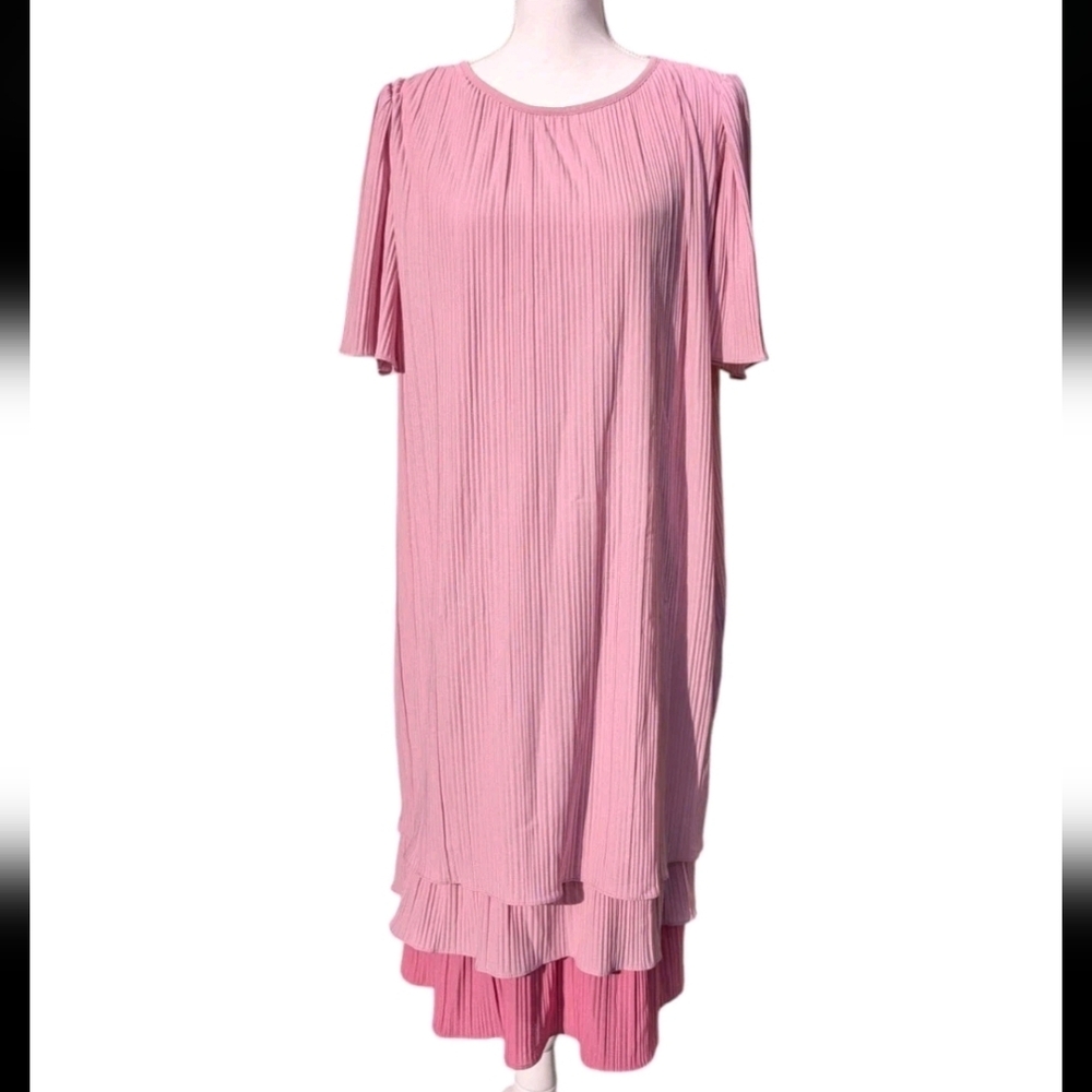 Vintage 70s 80s Pink Tiered Midi Dress Flutter Sleeve Pleated Riccardo Size M